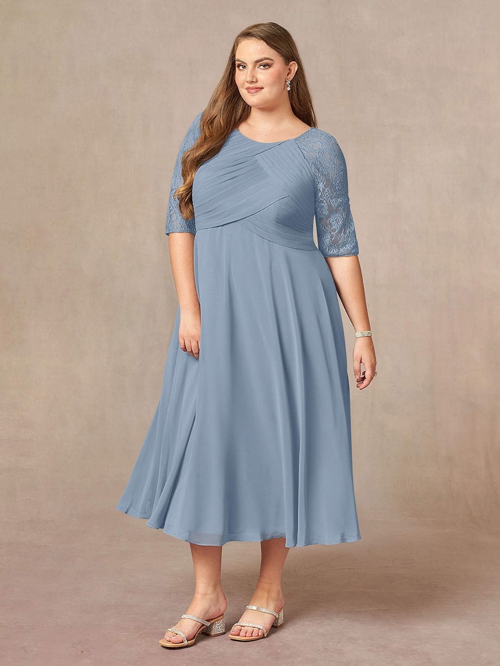 Azazie Dusty Blue Lace & Chiffon Midi Dress